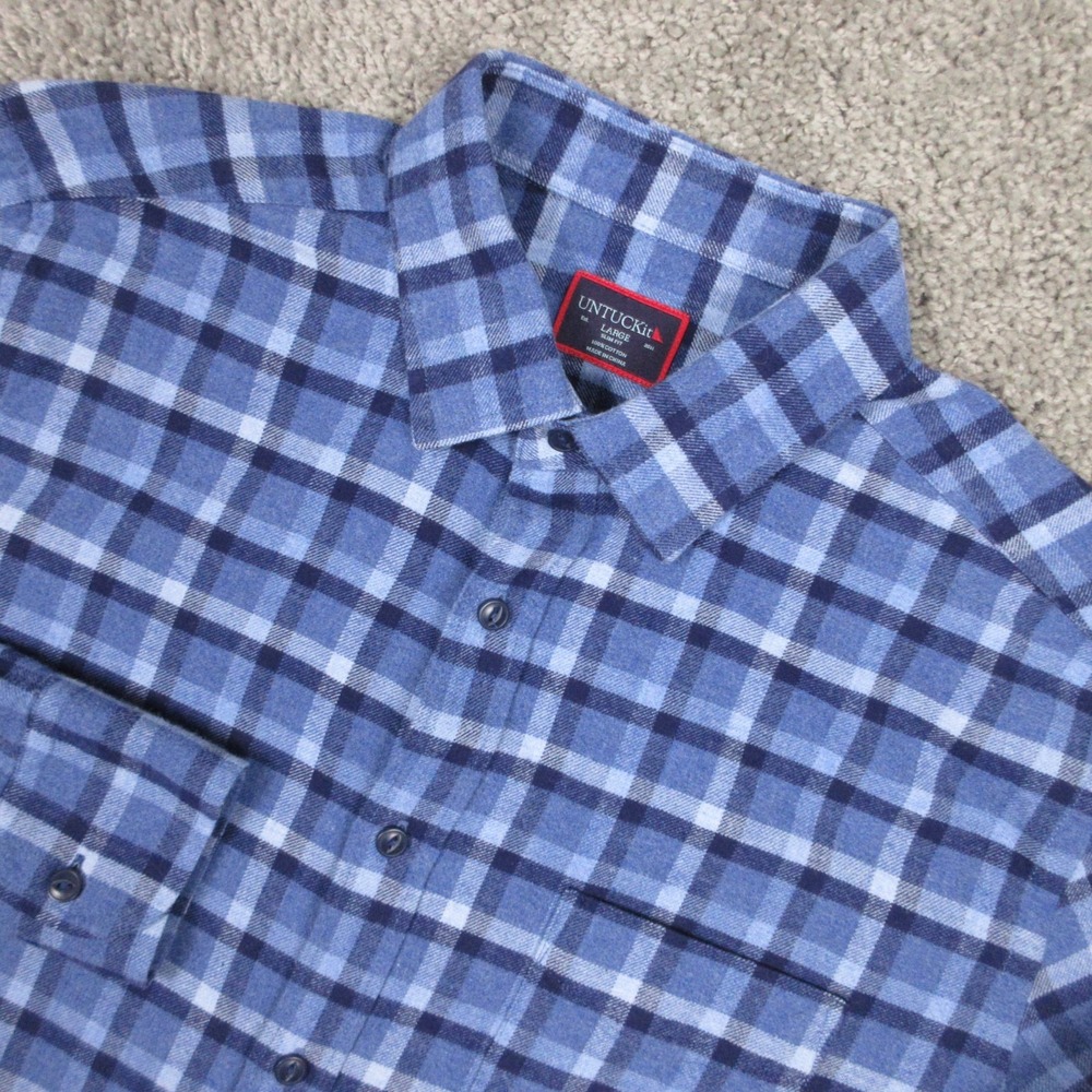 Untuckit Shirt Mens Large Blue Plaid Twill Flannel Slim Fit Caylise Button Up